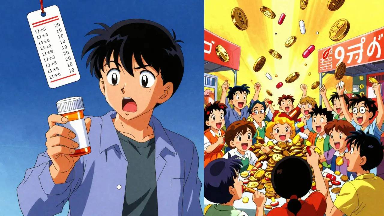 Split screen anime scene showing patient shock at price changes versus the flood of cheap generic medications.