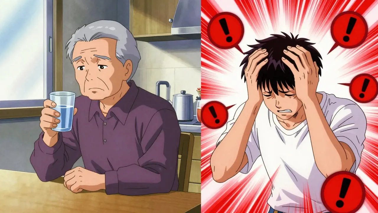 Split screen anime showing elderly vs severe fever symptoms