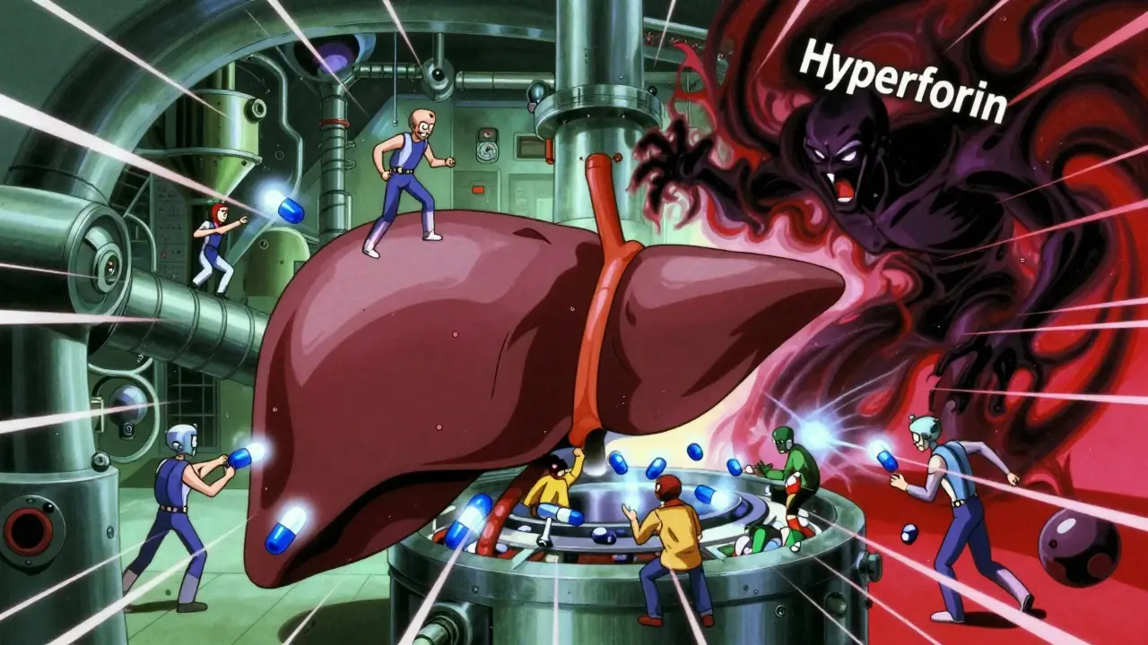 Stylized 90s anime illustration of liver enzymes rapidly breaking down medication pills.