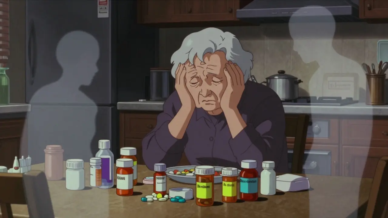 90s anime art of an elderly person overwhelmed by multiple prescription pill bottles at a table.