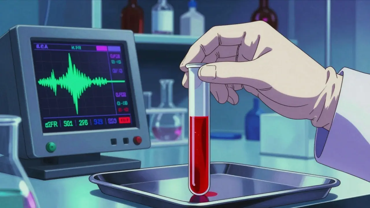 90s anime style lab scene with blood test tube and medical data display.