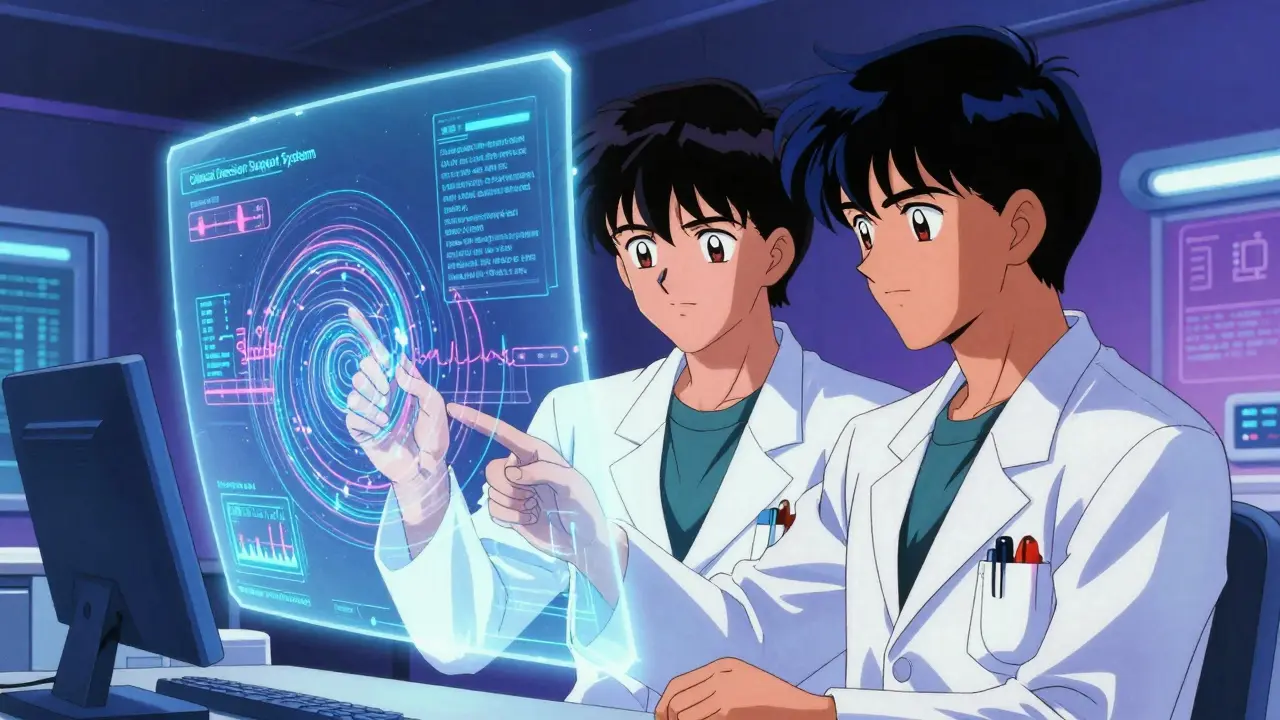 Anime doctors using a holographic AI system to predict dangerous drug interactions in a clinic.