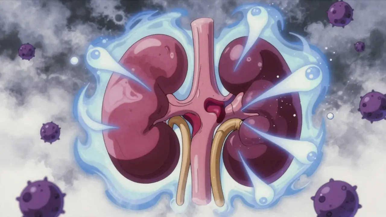 Anime style immune attack on inflamed kidney tissue