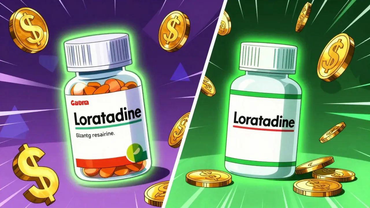 Comparison of expensive brand vs cheap generic pills in anime style