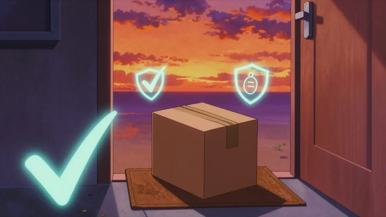 Delivery box at doorstep with safety icons in 90s anime art