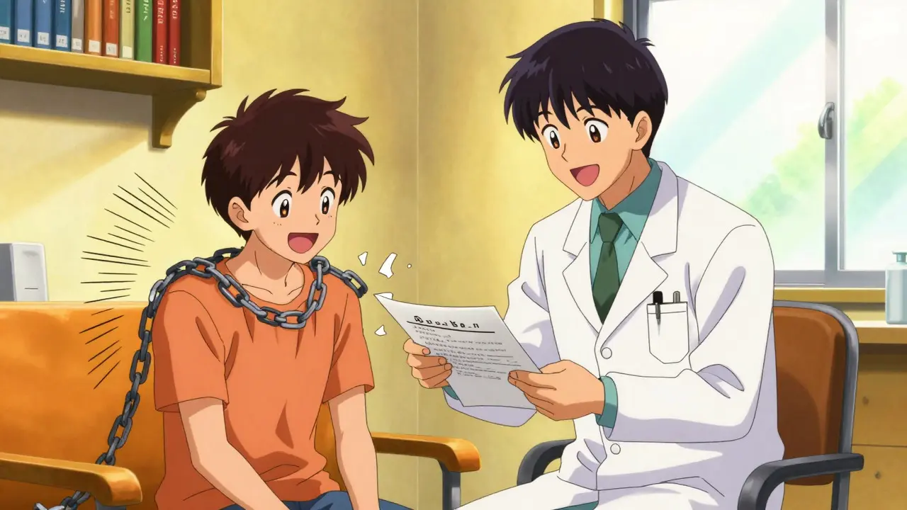 Doctor giving clearance papers to relieved patient in sunny clinic