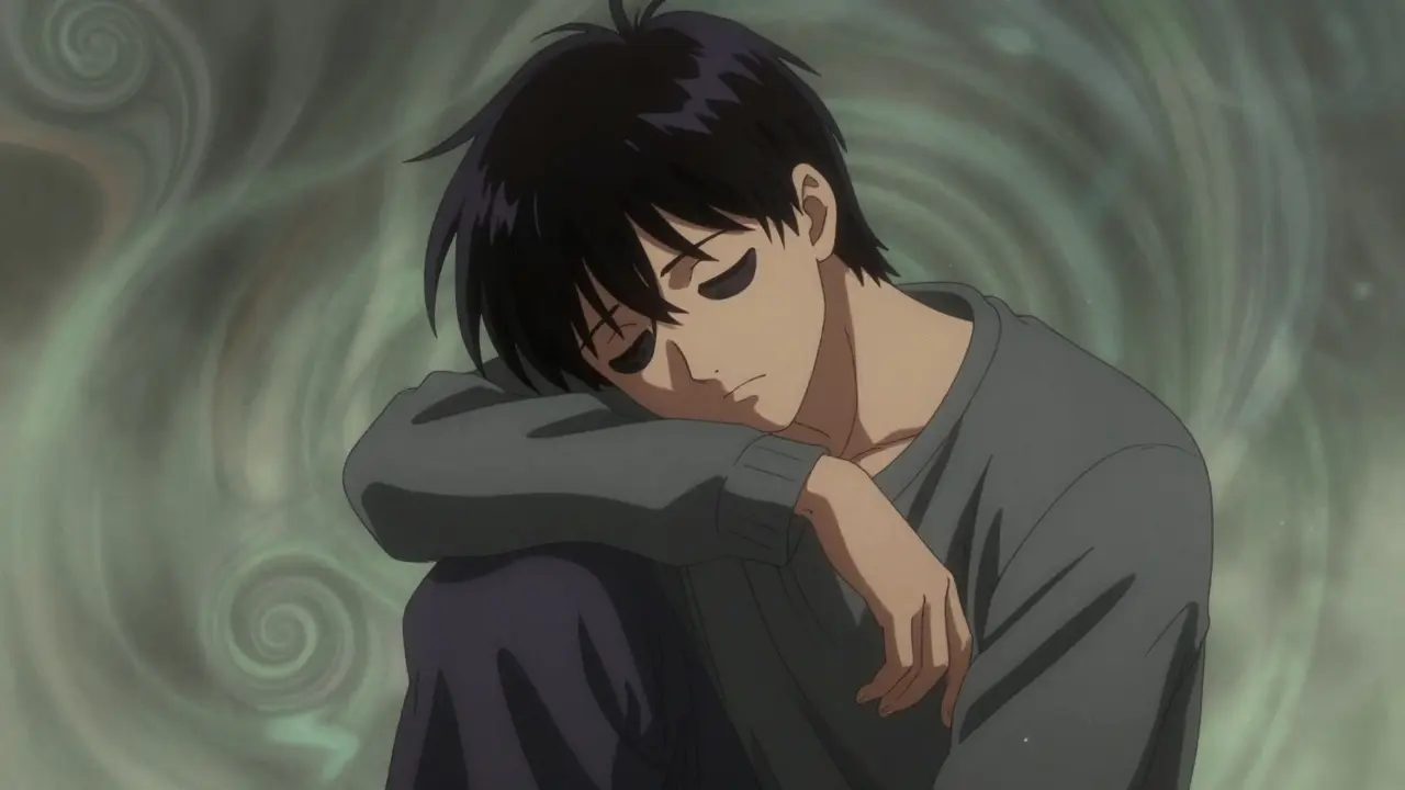 Drowsy anime character with heavy eyes and unstable posture, surrounded by swirling haze.