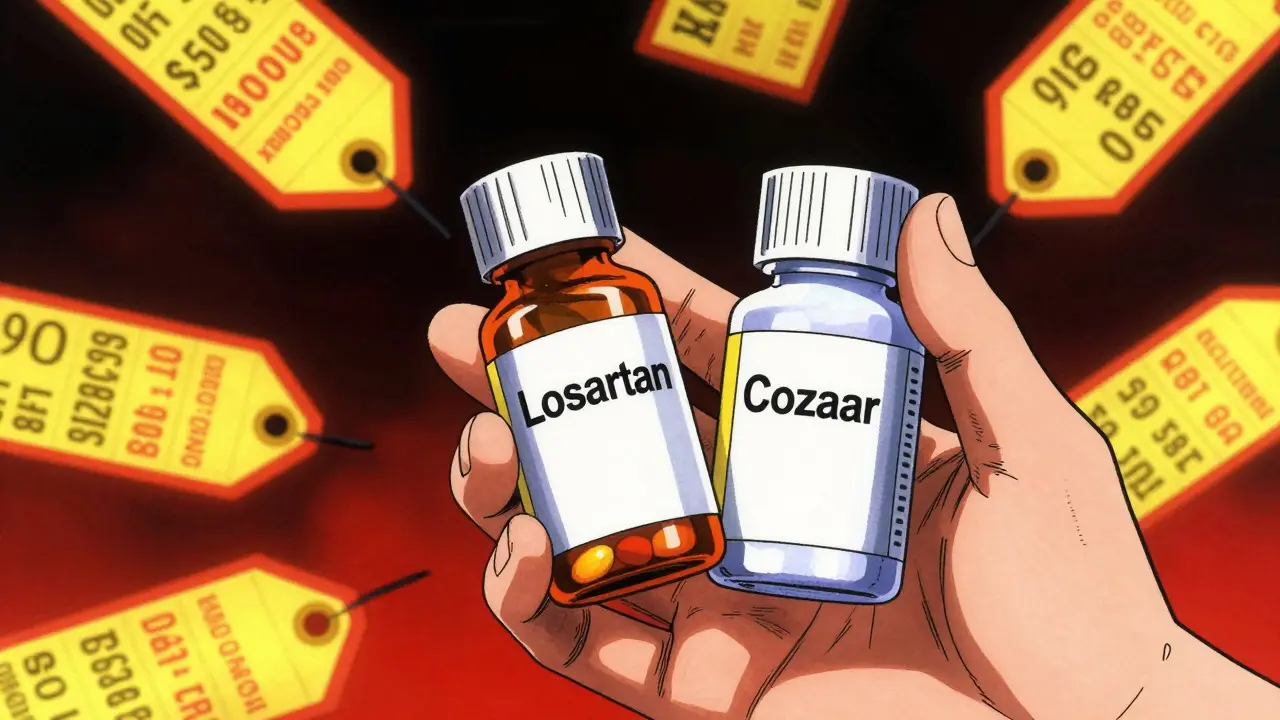 Hand holding generic vs brand name pills with floating discounts