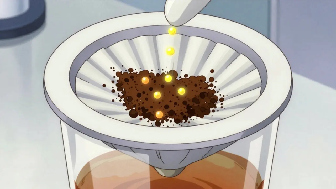 Manga style metaphor of protein leaking through a damaged coffee filter.