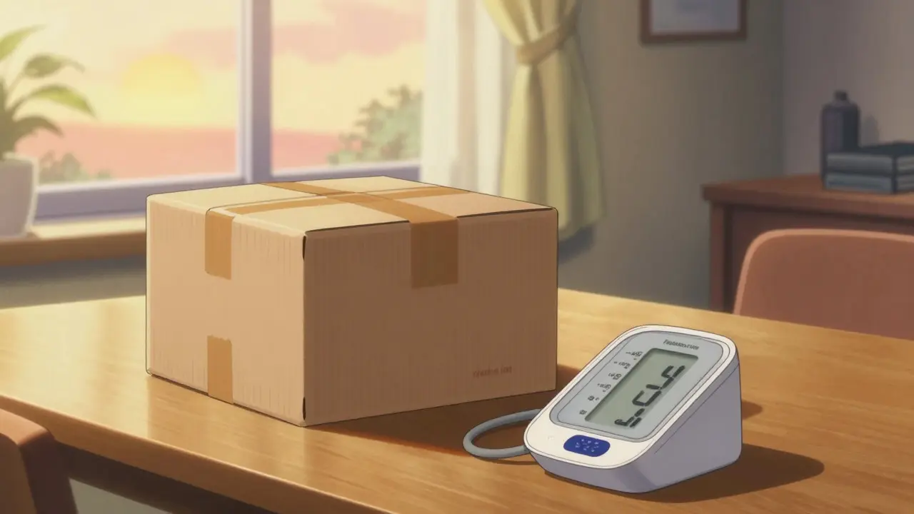 Medication package on table with warm sunlight and BP monitor