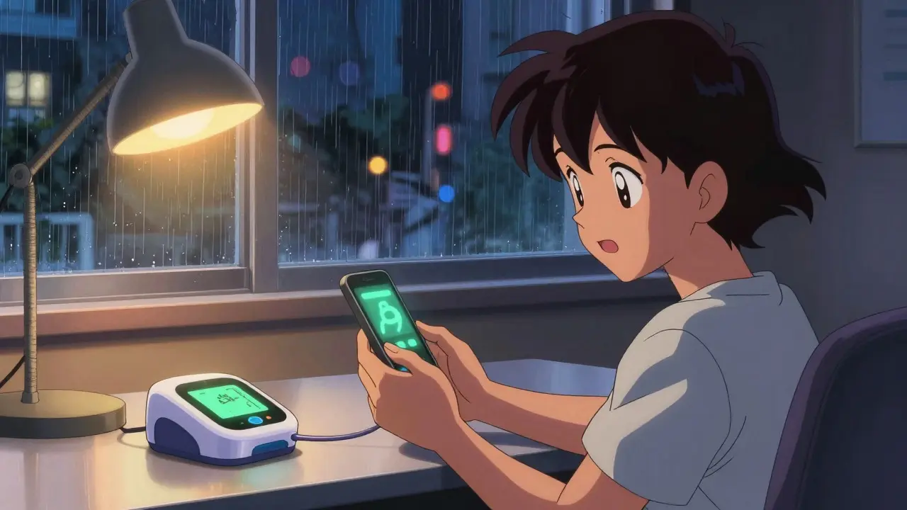 Patient using smartphone-connected home test device in 90s anime style