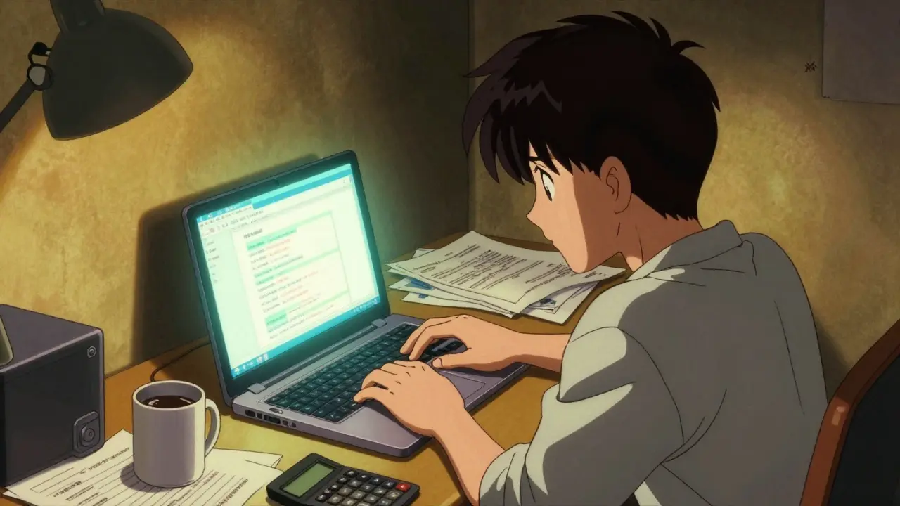 Person researching meds on laptop in 90s anime apartment scene