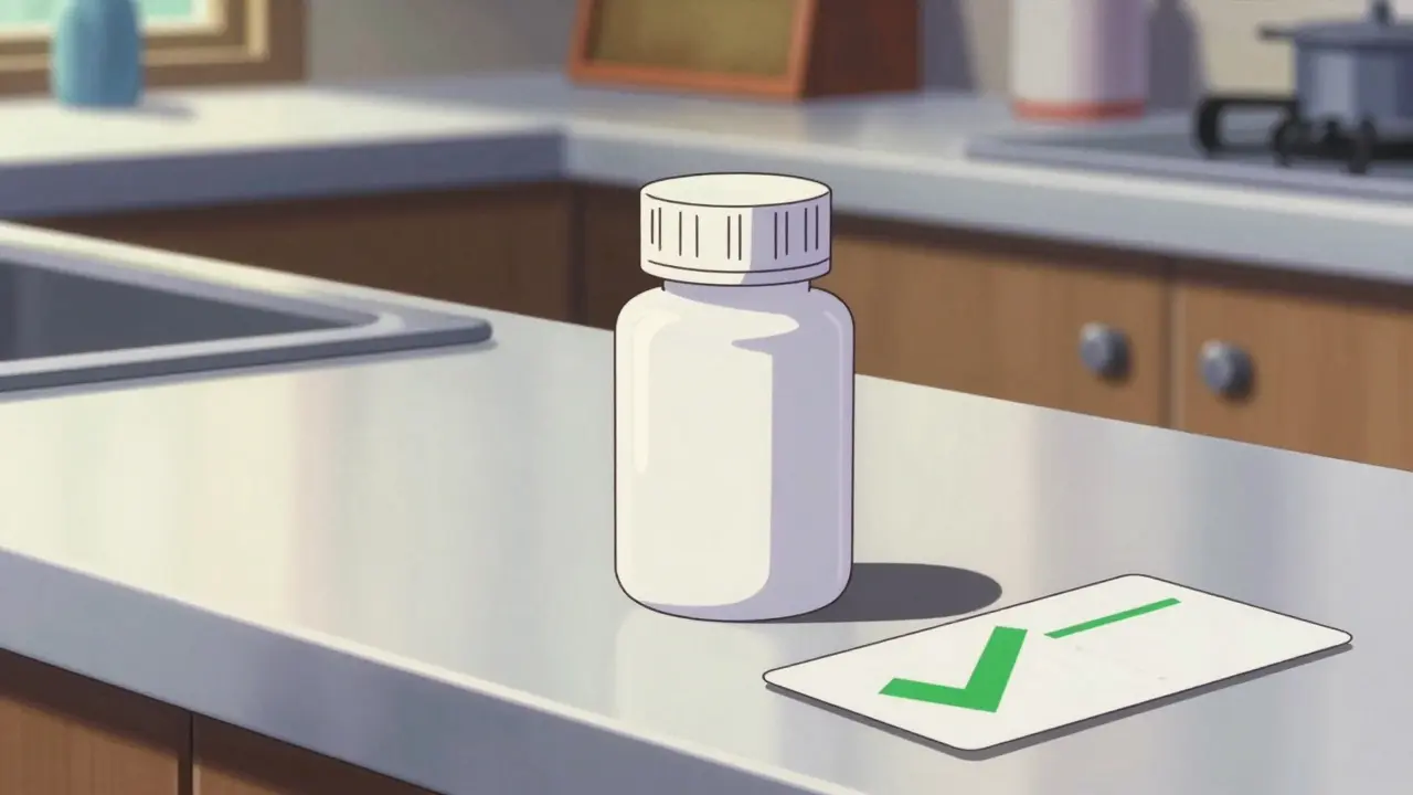 Pill bottle and discount coupon on sunny kitchen counter