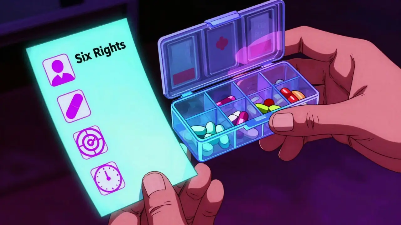 Pill organizer with floating safety checklist icons