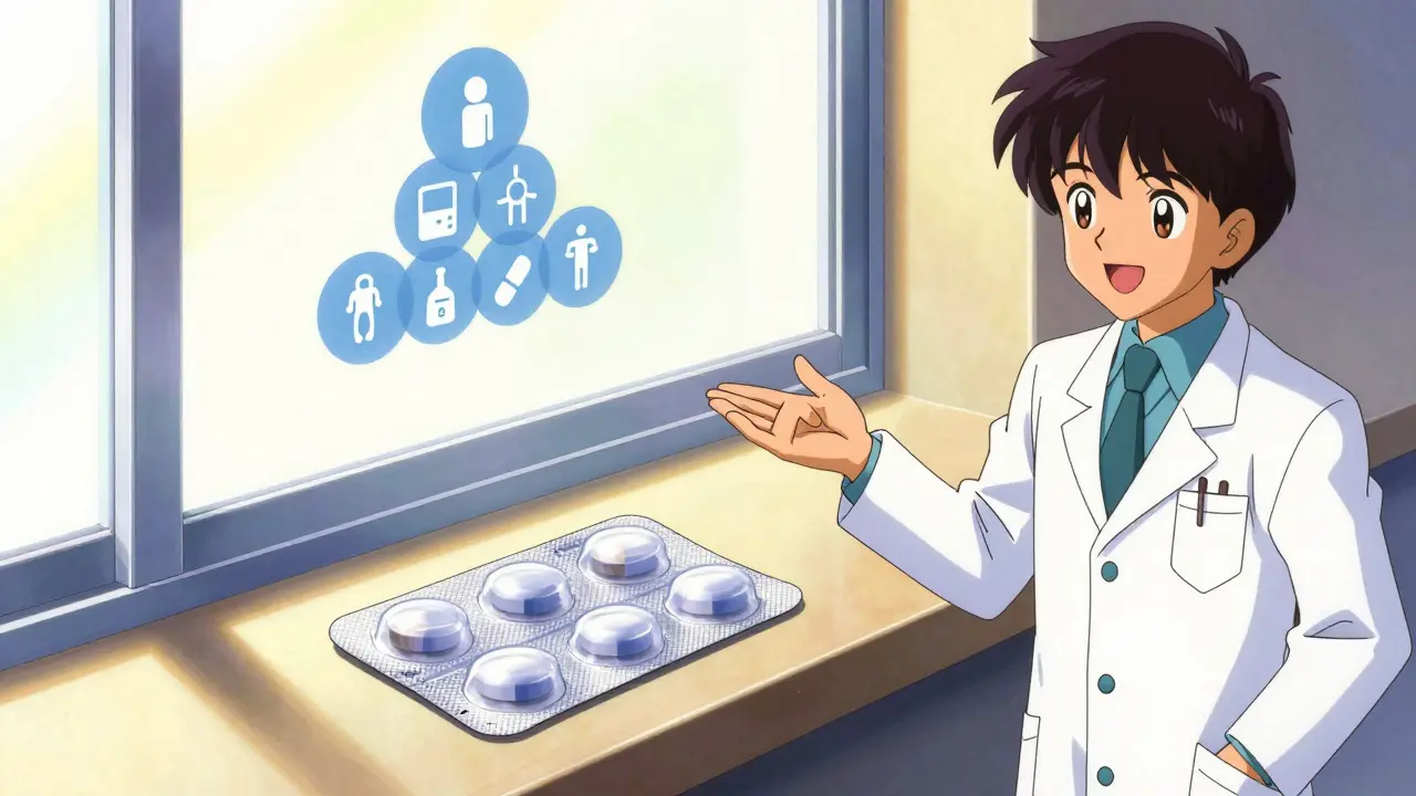 Simplified pill pack on sunny windowsill with pharmacist