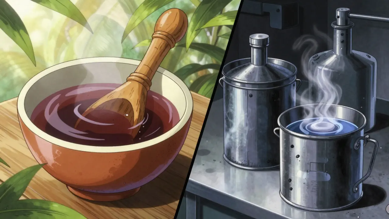 Split screen comparing safe traditional kava bowl vs dangerous chemical extraction process.