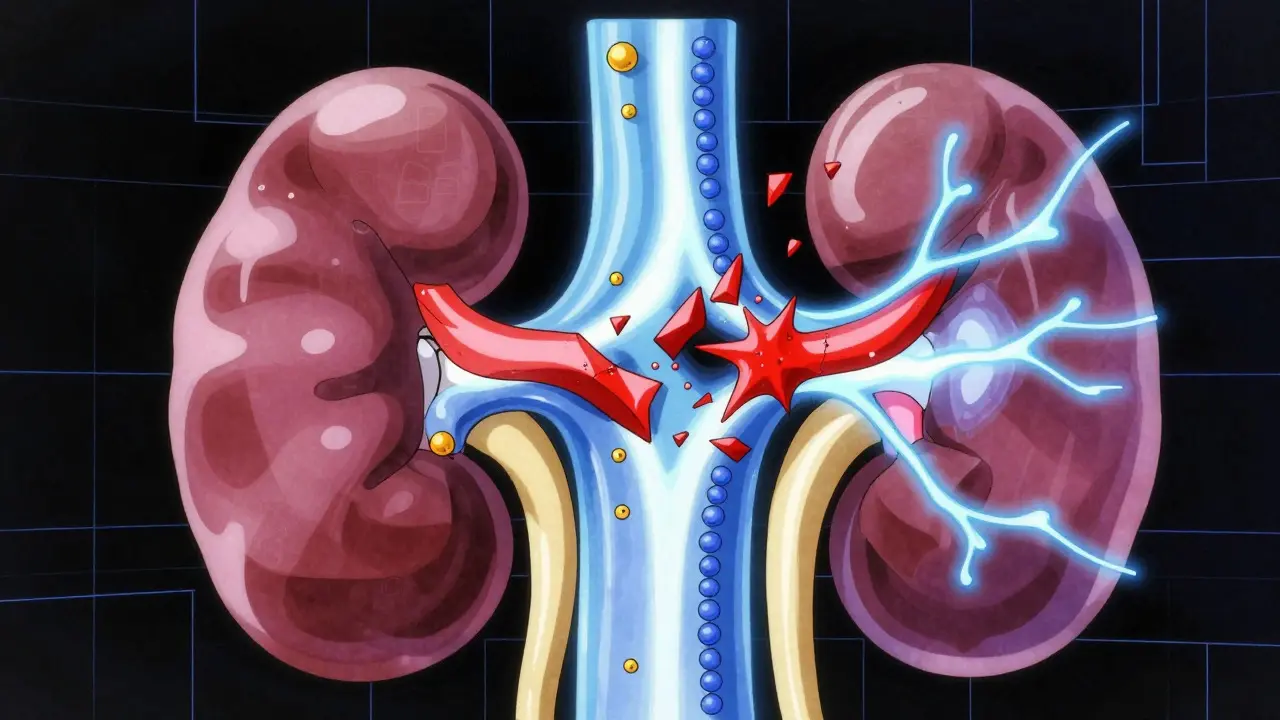 Stylized 90s anime view of kidneys filtering lithium and sodium