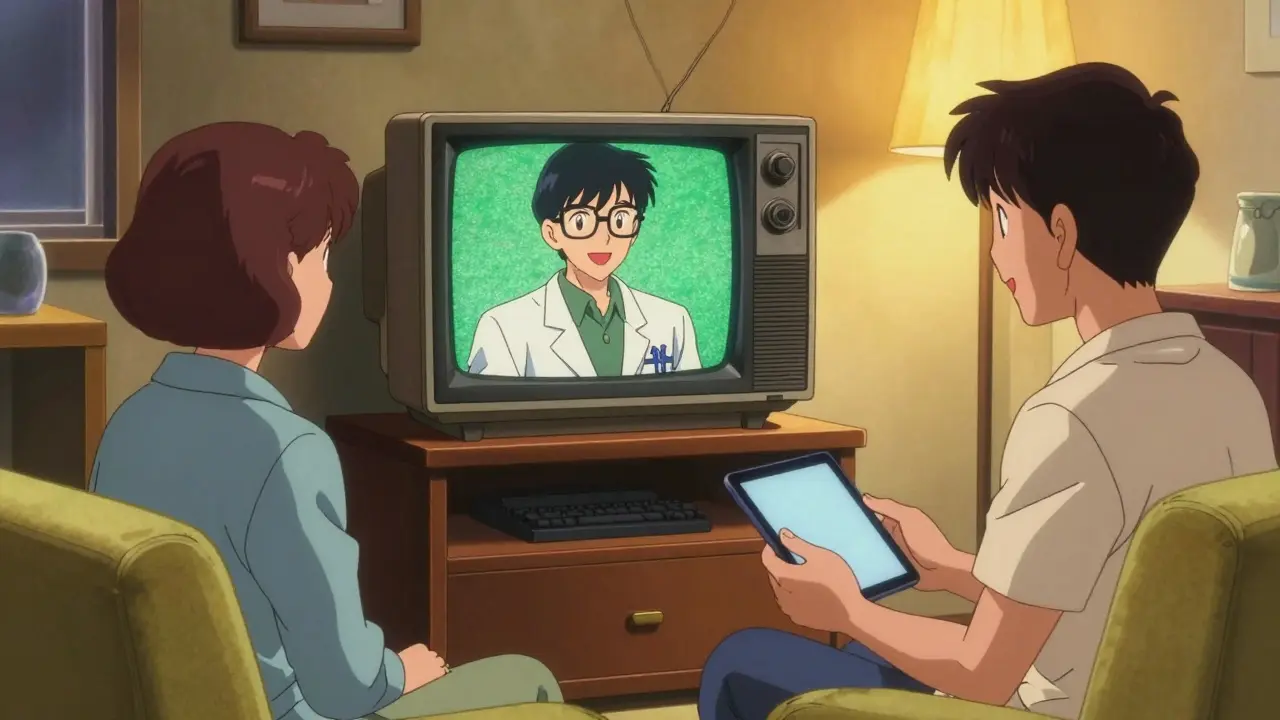 Telehealth doctor consultation on vintage TV in anime style