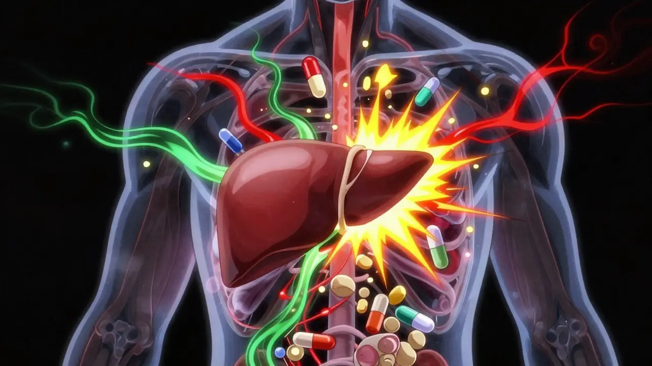 Abstract view of drug interactions causing stress to the liver
