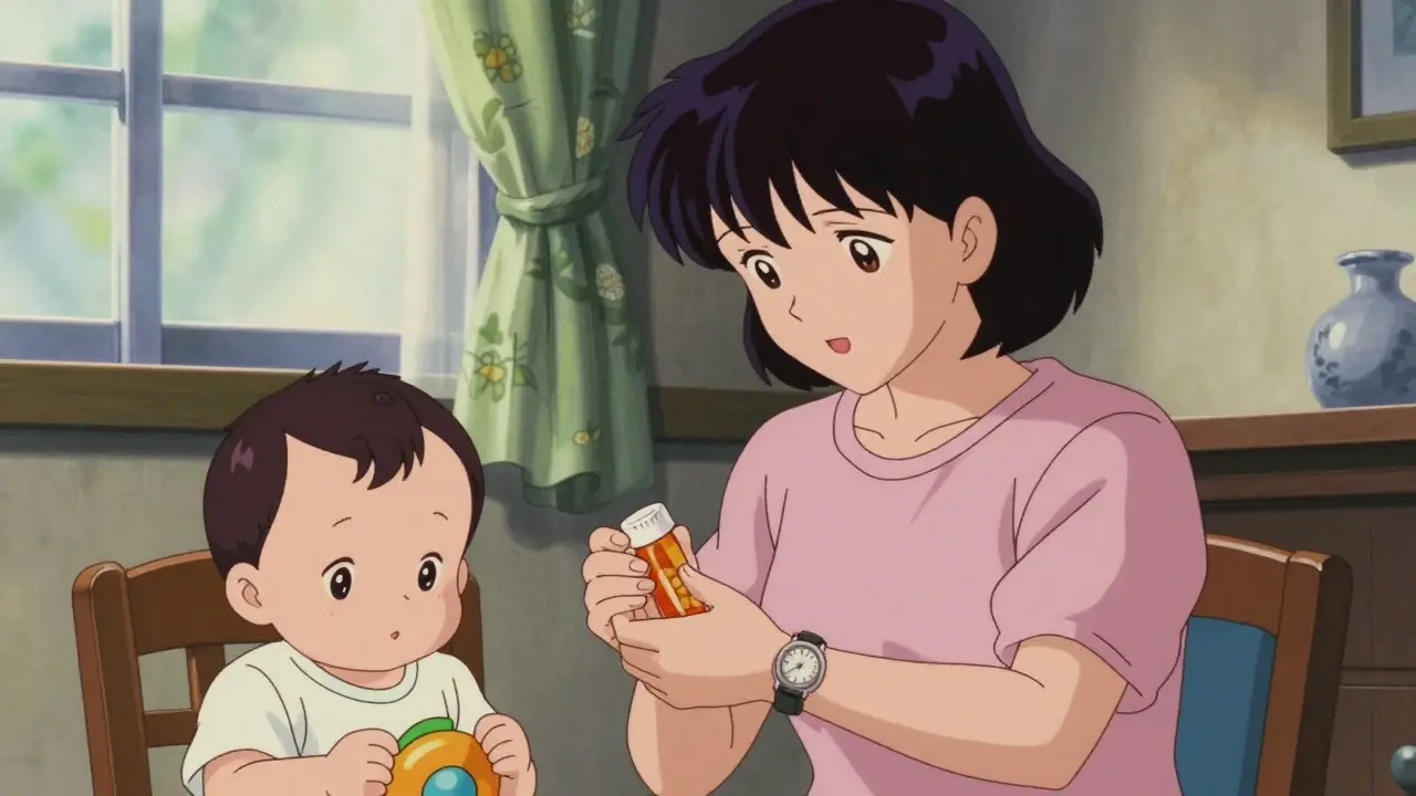 Anime mother checking watch before nursing baby