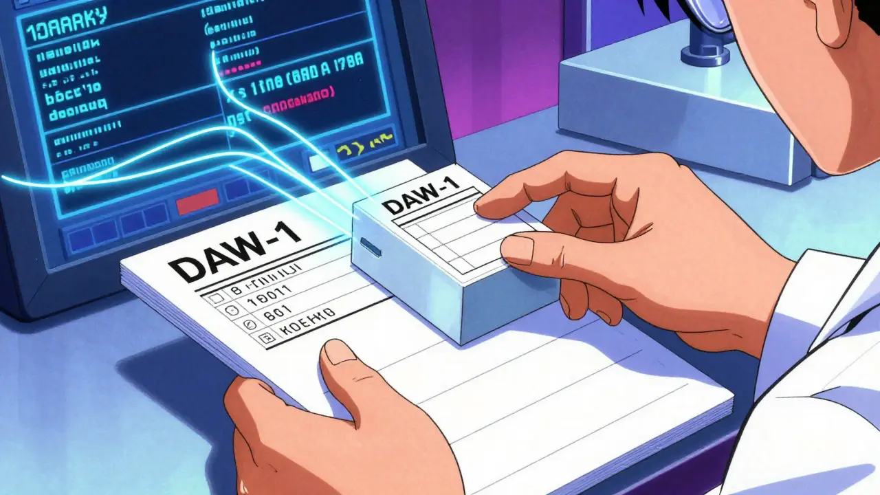 Doctor's hand selecting DAW-1 code on a digital screen with neon effects