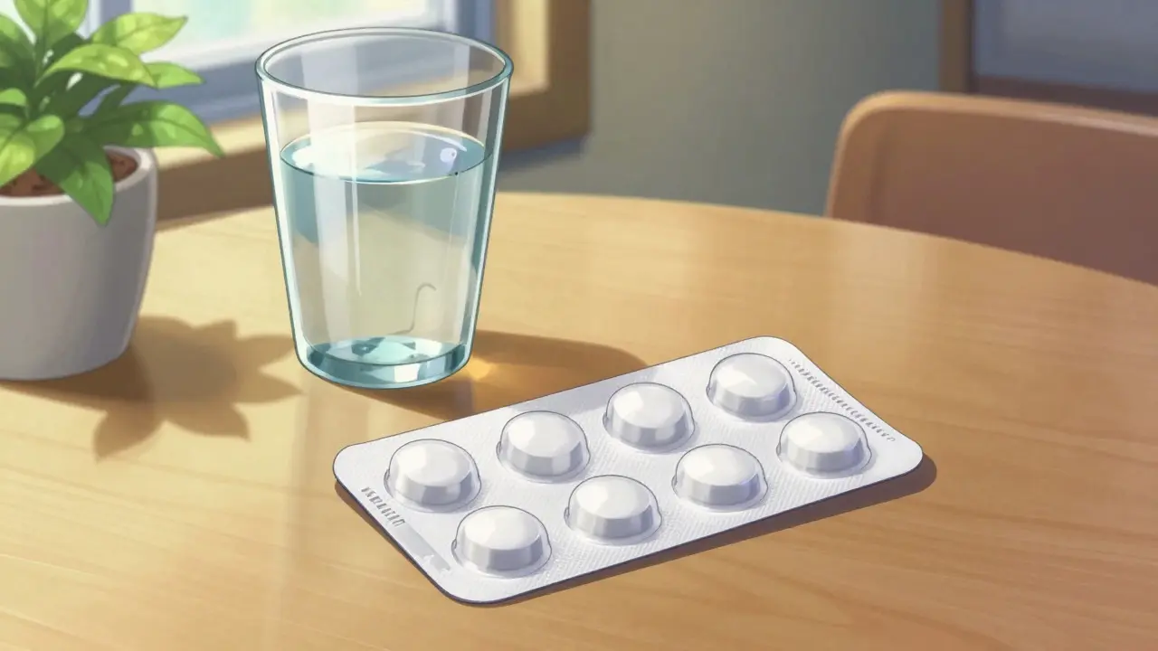 Generic medication pills and water on a sunlit table