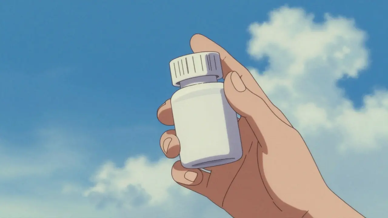 Hand holding a prescription pill bottle with a calm sky background
