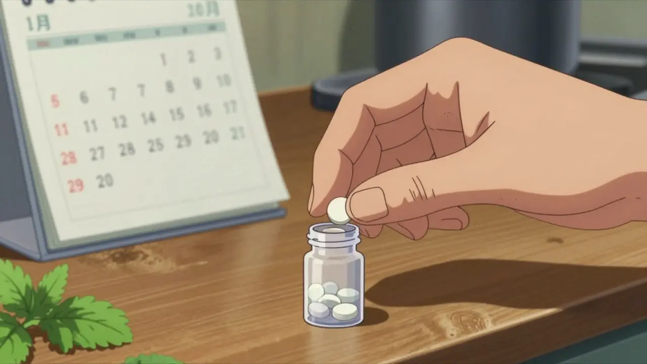 Hand placing a white pill into a vial on a kitchen counter