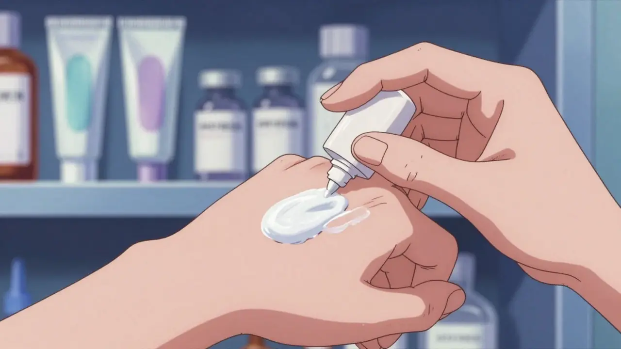 Hands applying sunscreen next to medical treatment supplies in a clinical setting