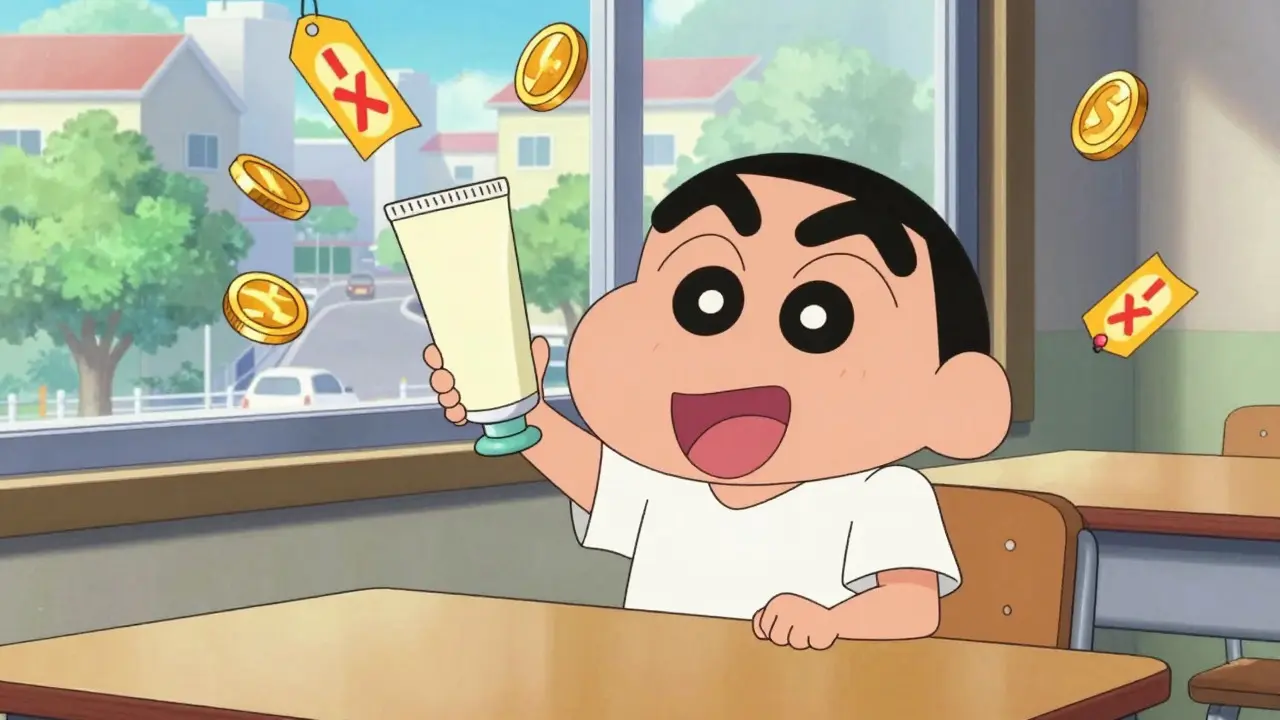 Happy anime character saving money on generic medication with floating coins