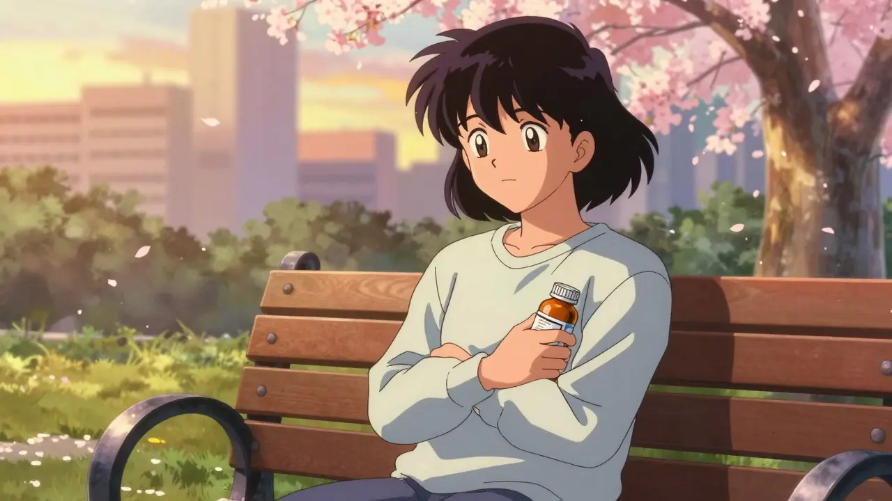 Patient holding a medication bottle securely on a park bench during sunset, symbolizing treatment consistency.