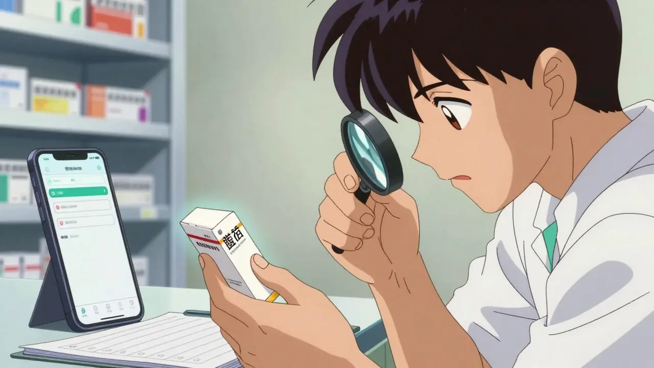 Person carefully reading medicine label to check for duplicates