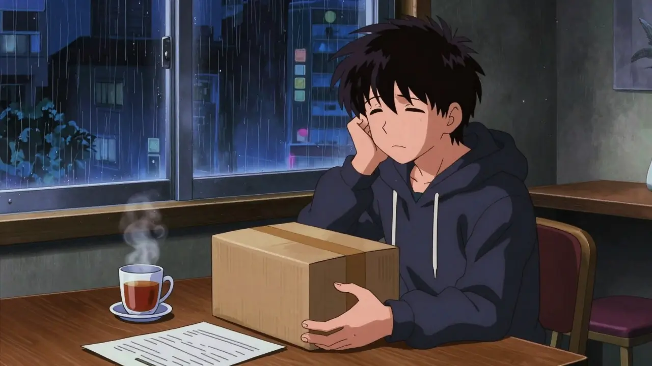 Person in anime style opening a medicine package at a table by a rainy window
