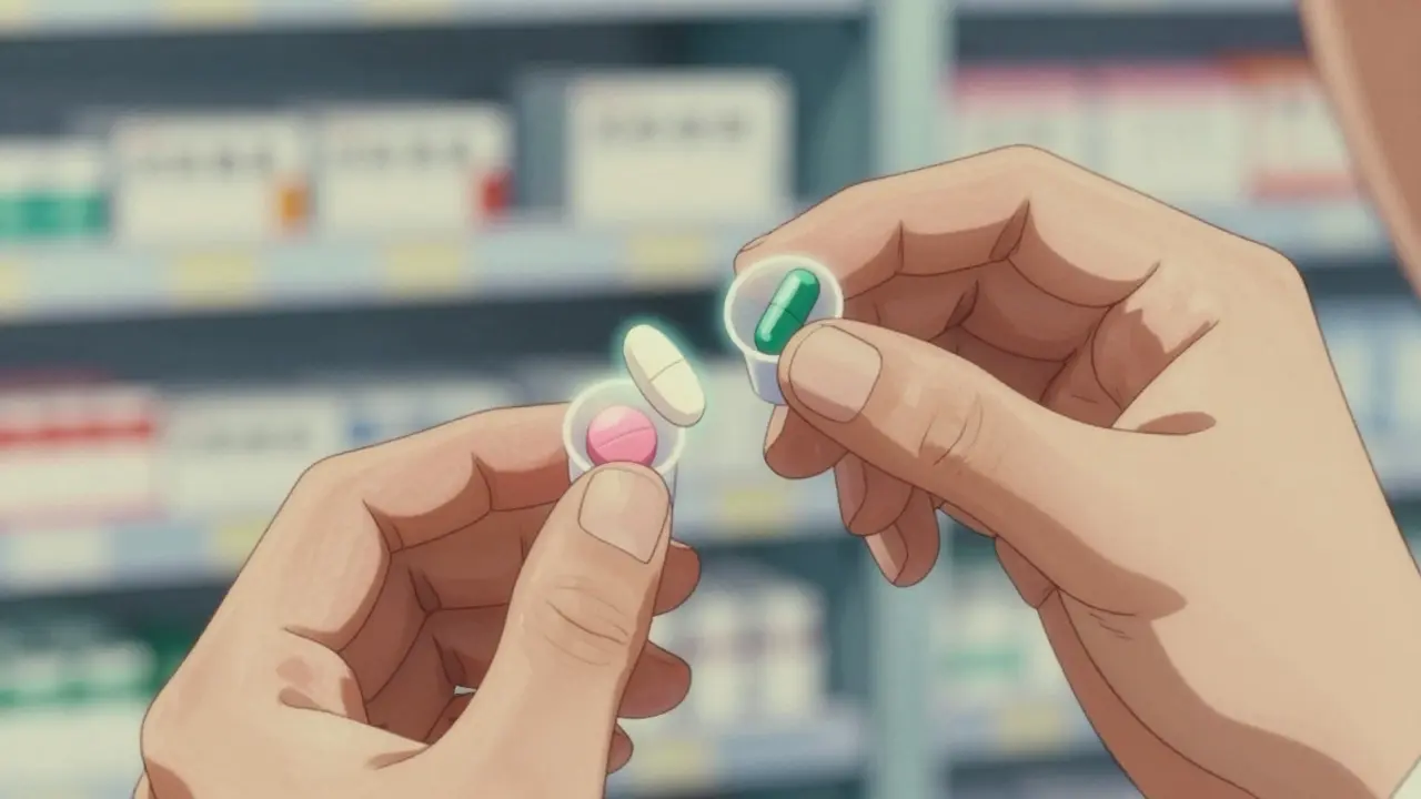 Pharmacist handling three distinct colored generic pills in sample cups, highlighted with glowing effects.