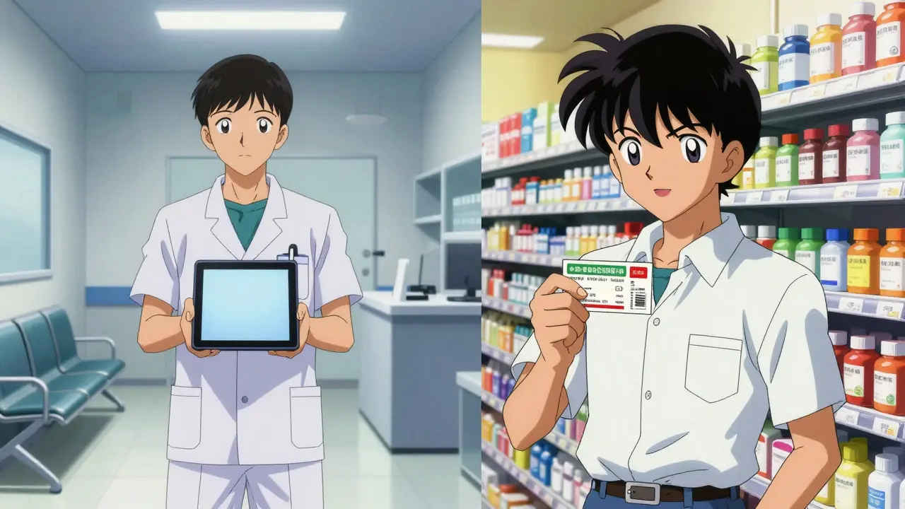 Split view of telehealth clinic and local pharmacy aisle