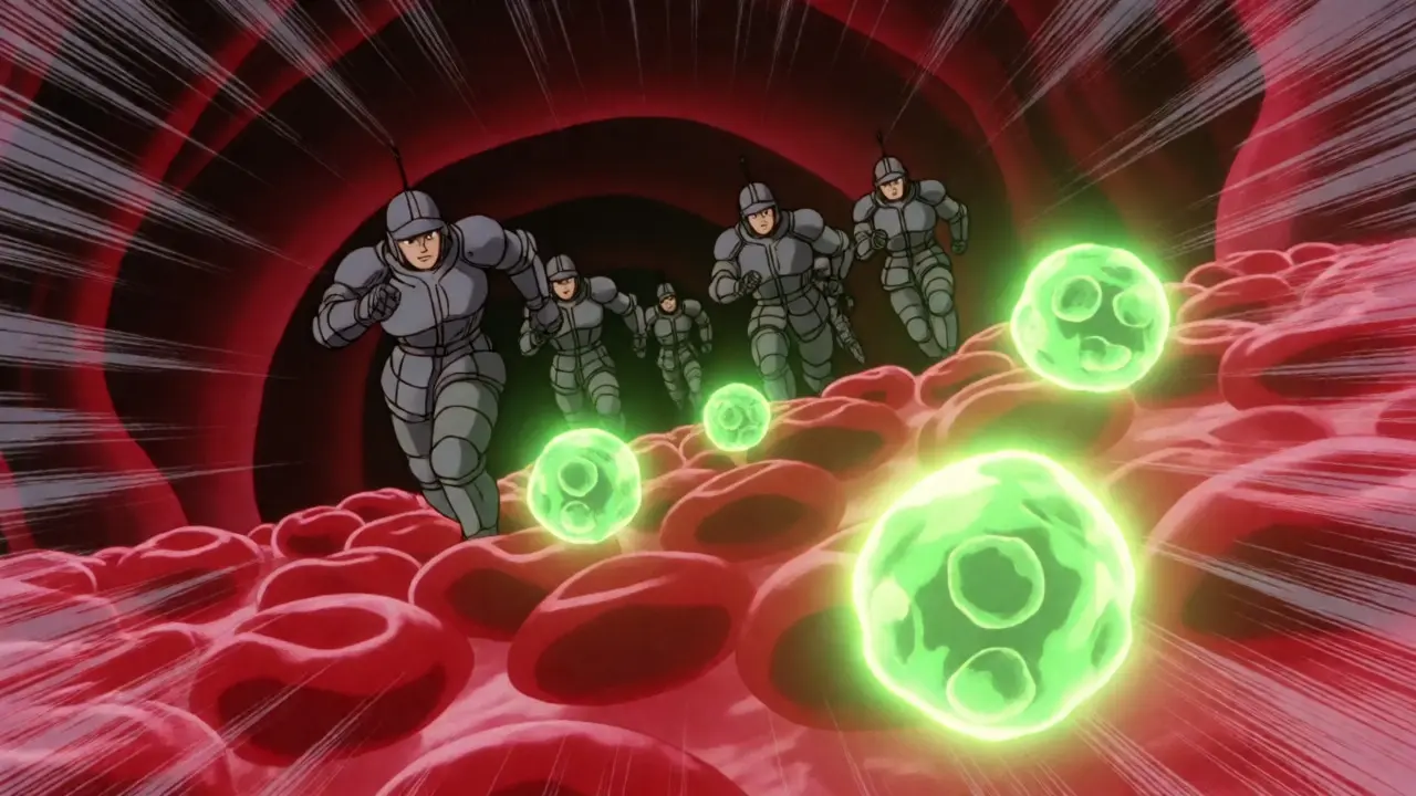 Anime style T-cells attacking drug particles in bloodstream