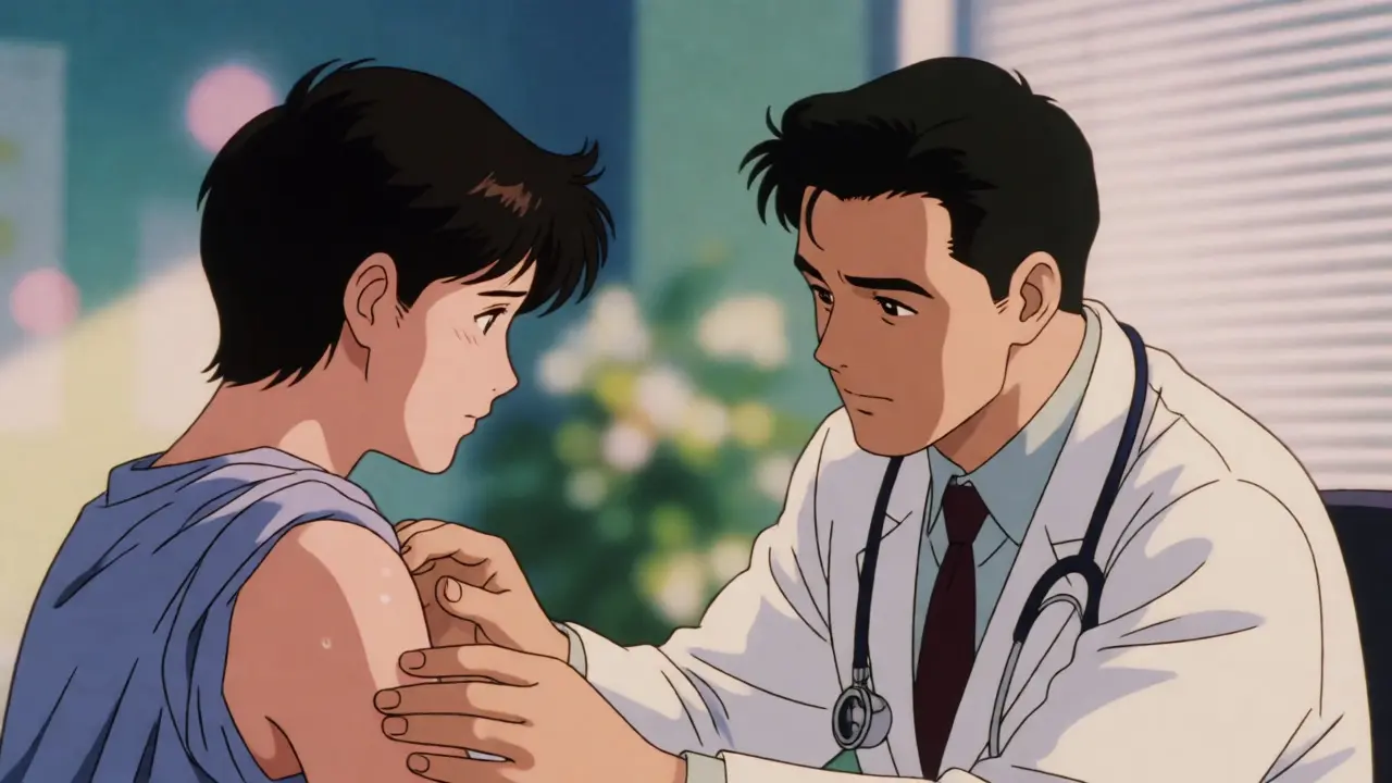 Doctor examining patient's red skin rash in clinic